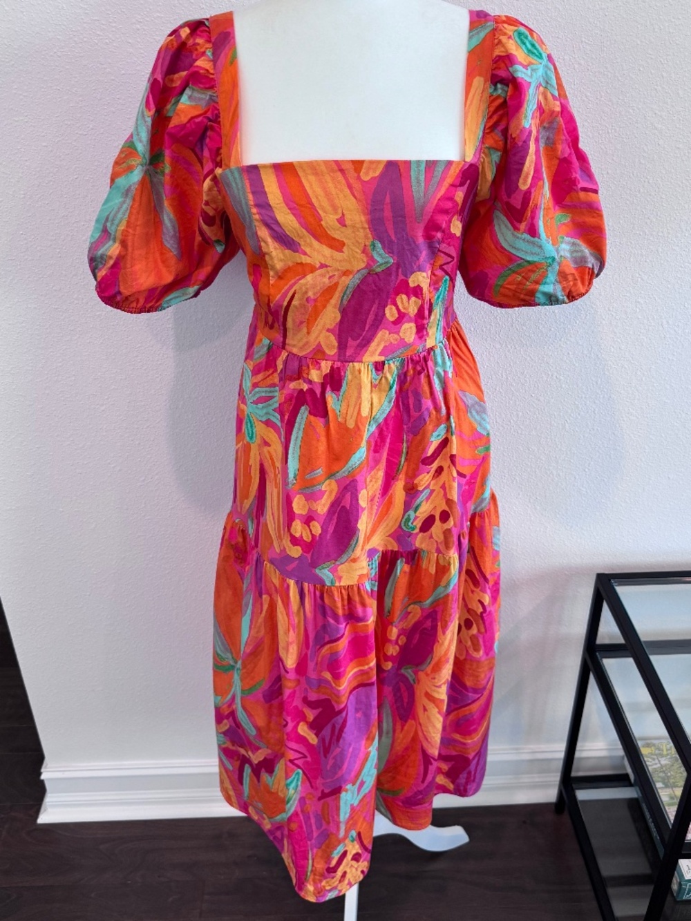 CRYSTAL SKY Women’s Puff Sleeve Midi Dress Pink Orange Combo Print Size XL